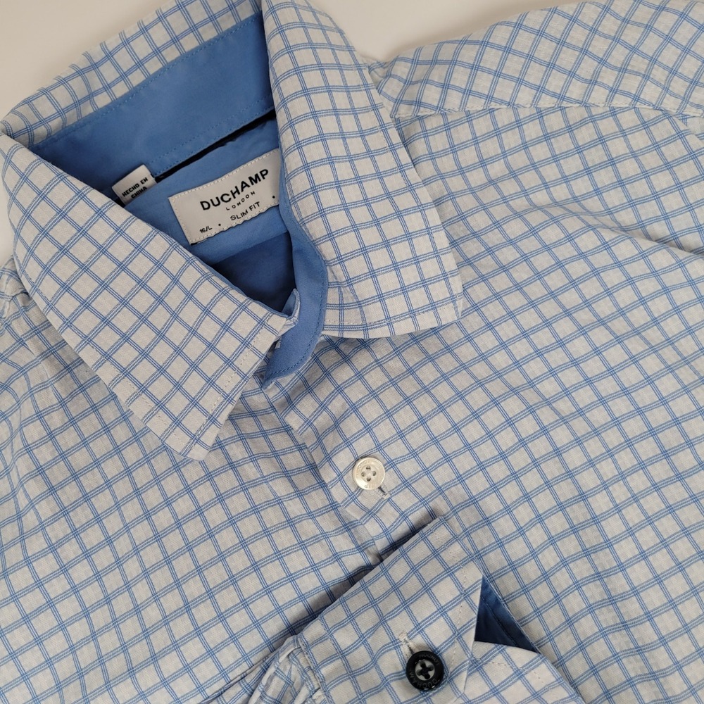 Duchamp London Button Down Mens 16/L Blue Excellent Slim Fit Check Shirt